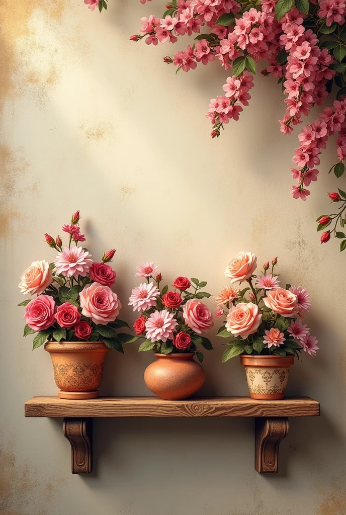 wallpaper for wall shelf with roses pots & sindhri