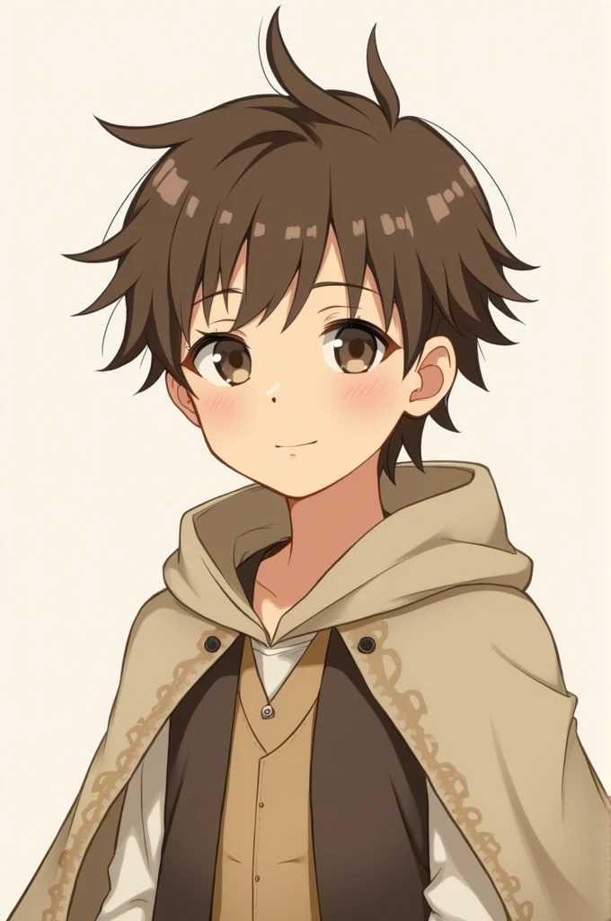 A anime boy with a brown pal hair, he have a cloak behind, he smile, he wear vest