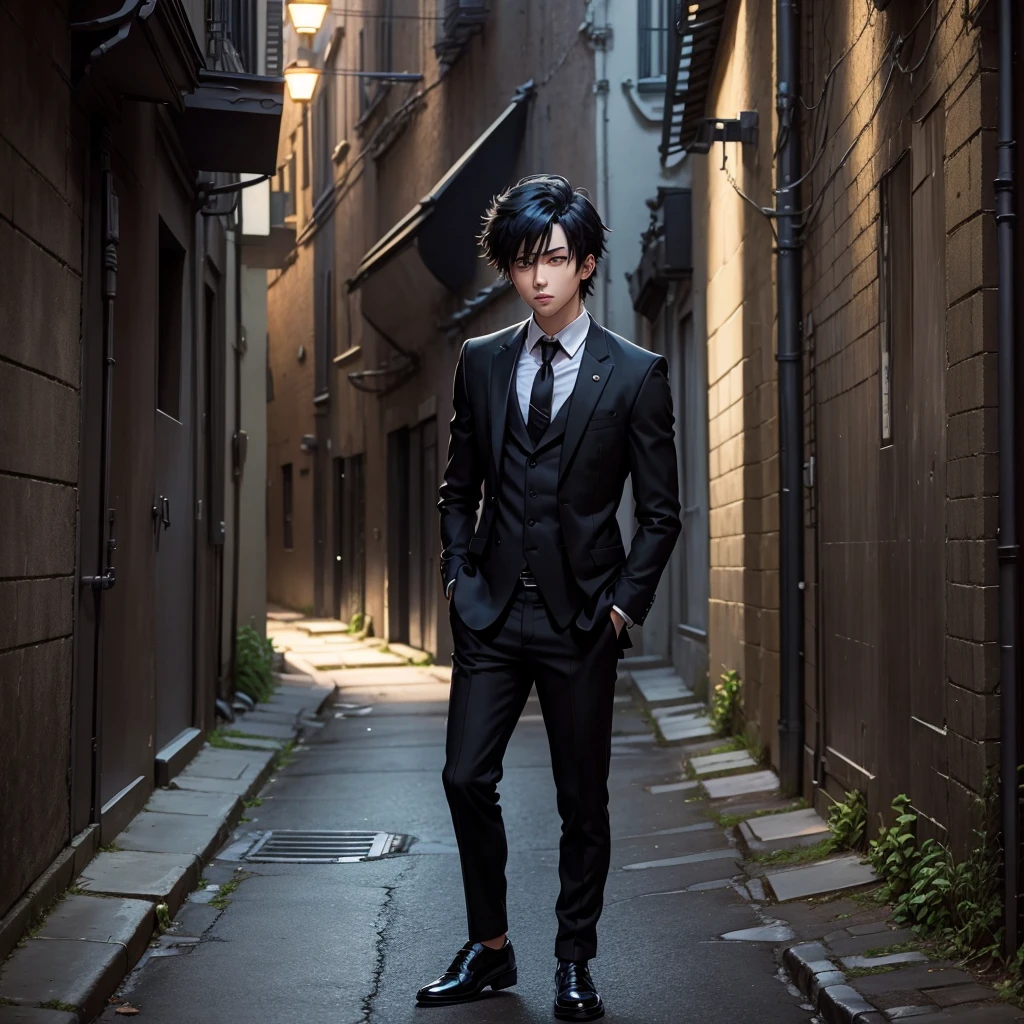 Anime boy with black suit and shoes in dark alleyway