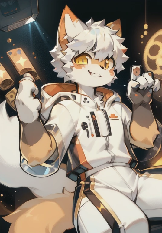 ，A white male cat，Orange fur，White fur，Silver hair，Golden Eyes，Big furry tail，Furry ears，Meat pad，happy，cute，Q version，clothed in space suit，In the universe，Strange environment，In space