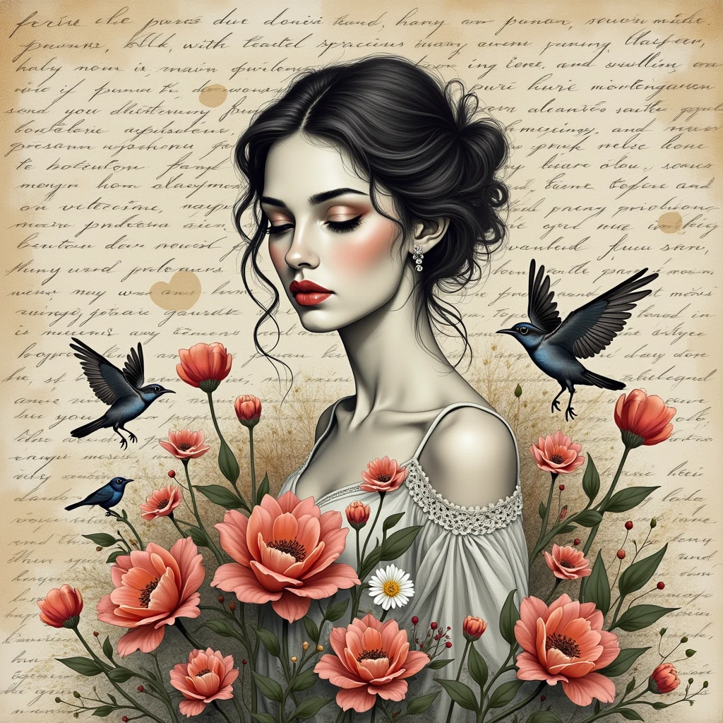 A media mix of a beautiful woman in Paris, flowers and birds on handwritten letters texture background. The artwork combines ink drawing, watercolor washes, charcoal details, splatter paint effects, and black and white drawings to create a richly textured, multi-layered composition. It is full of soft colors, creating an elegant atmosphere. At the center, the flowers are blooming. There are also several other creatures in close-up., like butterflies