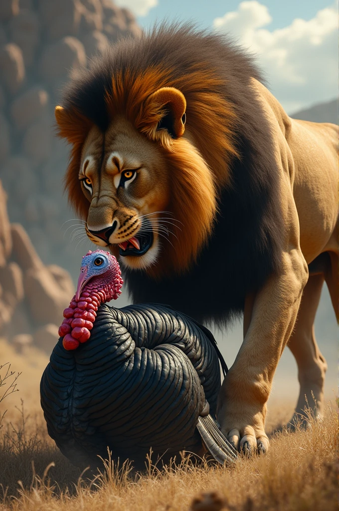 Lion eating a turkey