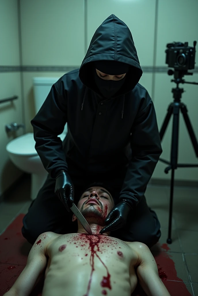 korean girl, (behind stiff, black balaclava mask), holding knife, stabbing, black leather gloves, bath room, black raincoat, girl only, holding knife, leather gloves, woman on top, behind cadaver, looking at viewer, blood splatter, night, mass murderer, killer, blood splatter, tripod and camera in the back, shooting with camera
