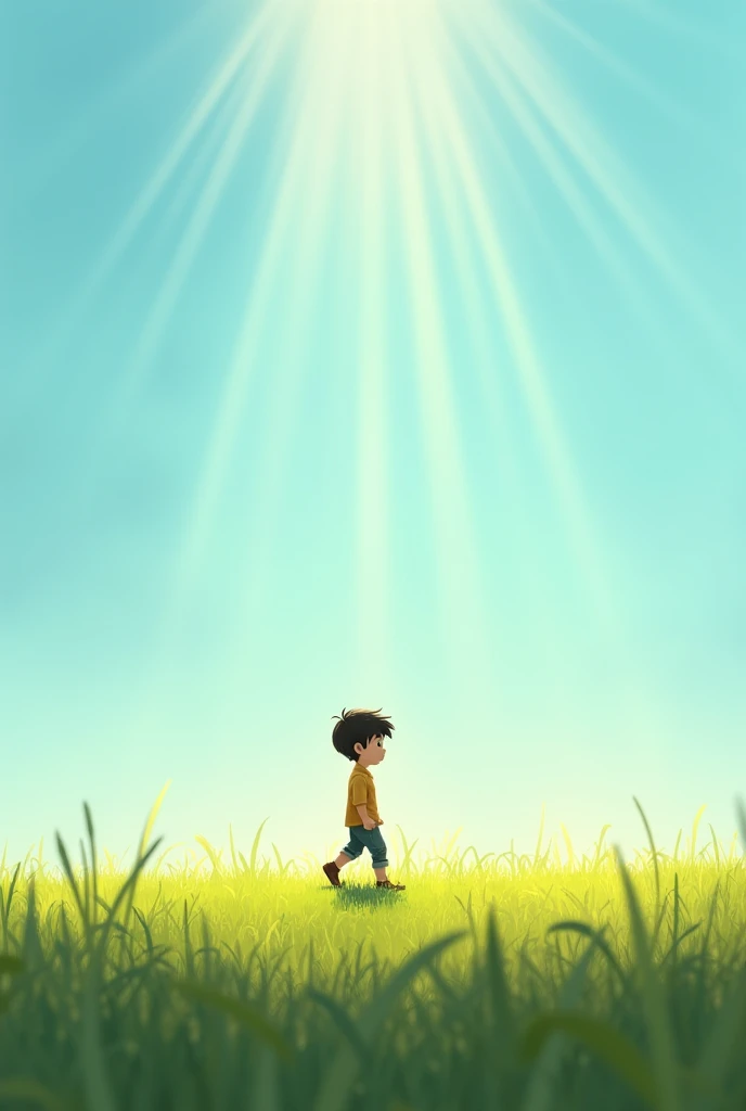 A boy walks in a park with no trees, no people, only sunlight shining through.