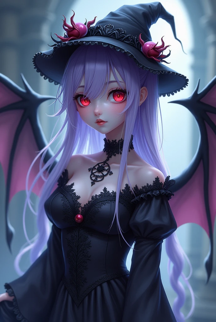 vampire　Girl　pale purple hair　Red eyes　It has wings　A hat with frills　Wearing a skirt, a one-piece garment　White skin　cool