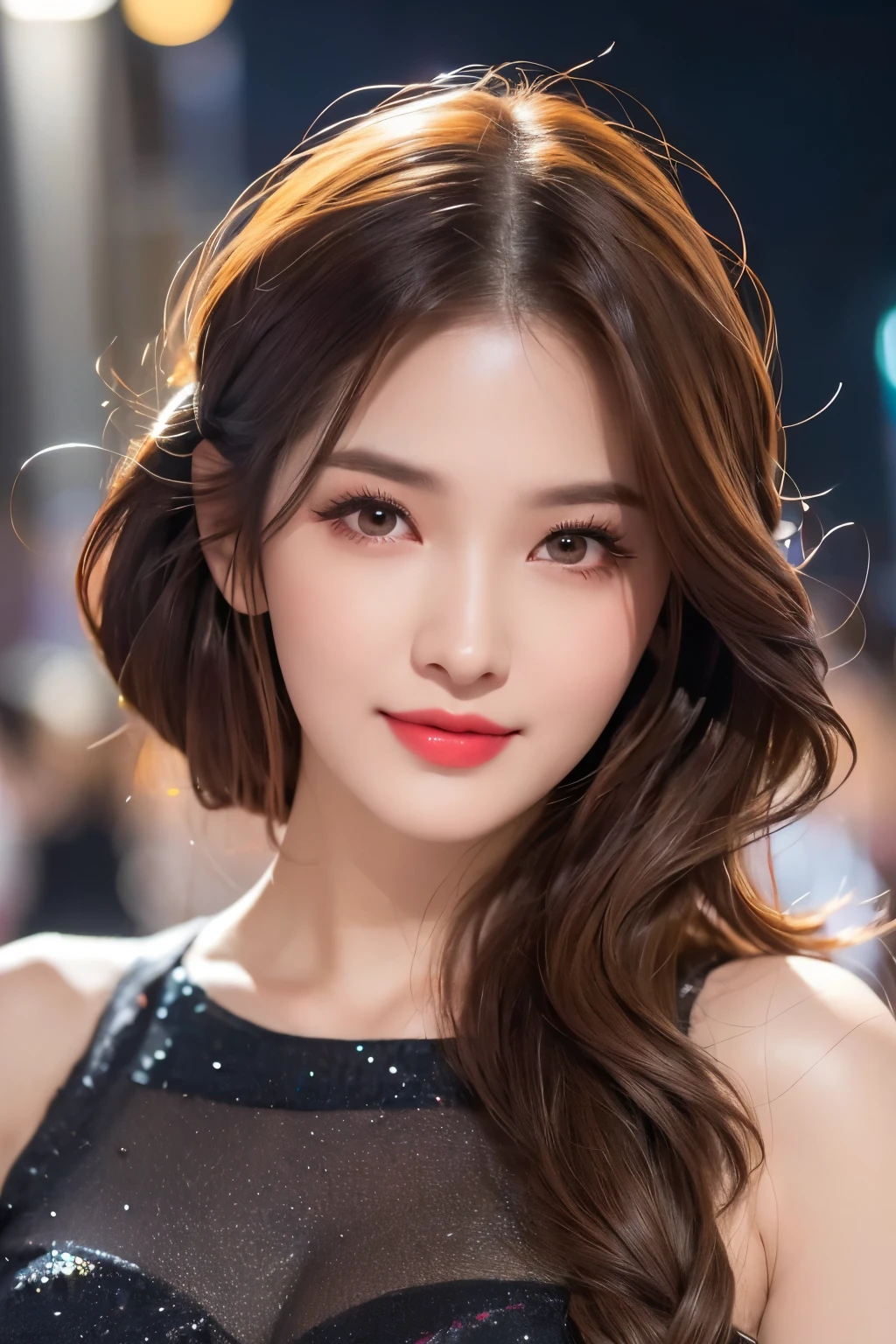 score_9,score8_up, ((head to thigh portrait)), (majestic:1.5),(uhd:1.3), (best quality,highres,masterpiece:1.2), ultra-detailed, (realistic, photorealistic, photo-realistic:1.37),(highest resolution, distinct_image), (A serene woman with ravishing red tresses stands resolute beneath the starlit sky), as moonlight whispers secrets to her porcelain skin, very detailed and sharp facial features and expressions, detailed and perfect symmetrical glossy eyes, detailed sharp nose, detailed glossy lips, detailed white glistening teeth, beautiful and unique new hair style, detailed symmetrical face, very detailed and perfect natural breasts, double eyelids, (Her tousled updo is gently rustled by the nocturnal breeze, while a subtle smirk dances across her lips, exuding an enigmatic aura that captivates the viewer's gaze. The night air seems to shimmer with anticipation, as if the very stars themselves are mesmerized by her mystique)