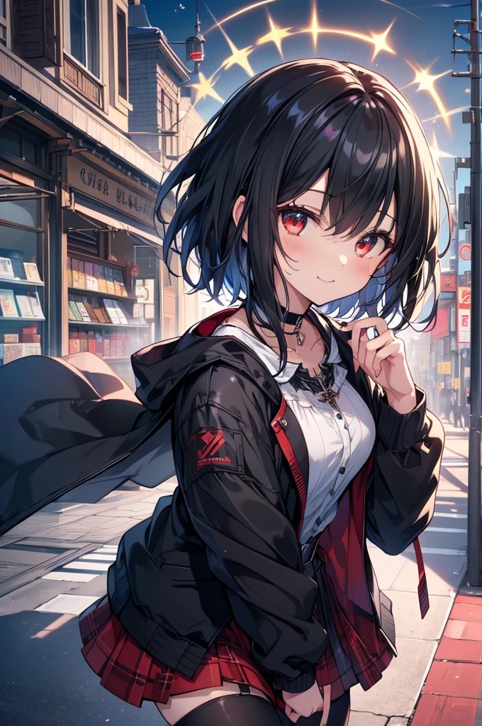 (masterpiece, highest quality, highest quality, (No text), Beautiful and aesthetic:1.2),No text,アニメ、BREAK,One Girl,Black Hair Girl adult short hair older sister choker Beautiful eyes Red eyes cool smile Black and Red Cute clothes Black jacket stockings whole body In town
