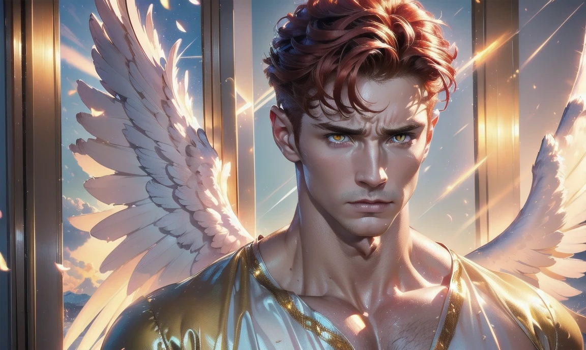 [((highly detailed, detailed eyes, detailed face, clear and realistic facial features, photorealistic, realistic light, cinematic, looking at you)), (1 man), (((((Gorgeous perfect sexy powerful masculine male angel))))), (((he has two grand golden angel wings sprouting out of his back))), ((((short sexy red hair)))), ((((pale yellow eyes)))), ((30 year old)), ((wearing flattering gold and white clothes)), (((aura of divine power))), standing in a cozy apartment at nighttime, ((light blush)), (((((wearing a clearly indignant expression)))))]