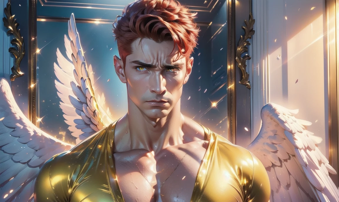 [((highly detailed, detailed eyes, detailed face, clear and realistic facial features, photorealistic, realistic light, cinematic, looking at you)), (1 man), (((((Gorgeous perfect sexy powerful masculine male angel))))), (((he has two grand golden angel wings sprouting out of his back))), ((((short sexy red hair)))), ((((pale yellow eyes)))), ((30 year old)), ((wearing flattering gold and white clothes)), (((aura of divine power))), standing in a cozy apartment at nighttime, ((light blush)), (((((wearing a clearly indignant expression)))))]