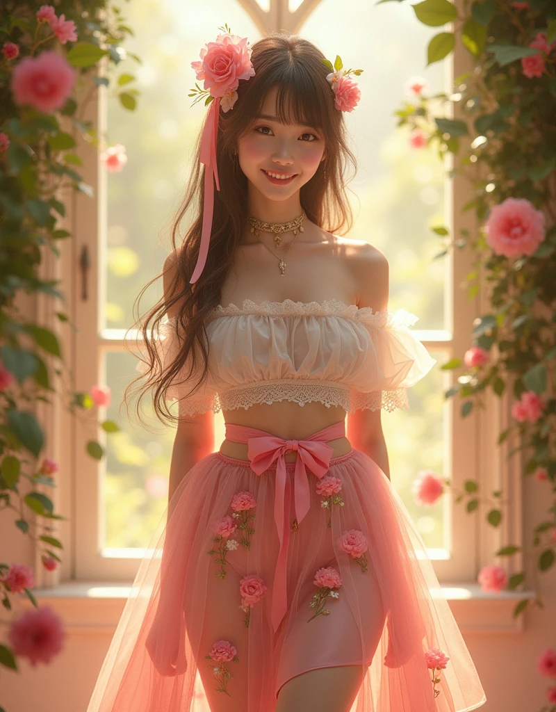 Ultra high quality,High heel,Long legs,Smile,Sunlight passing through the body,Lace off-the-shoulder,Wear flowers on your head,student,charming,Ribbon,There are several flowers embroidered on the skirt,Pink lace skirt,whole body
