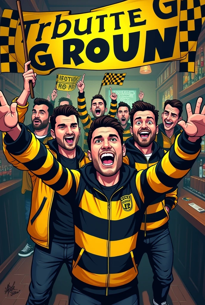 Image illustrations cartoons de supporters homme de style Ultras hooligans habiller avec une veste noir et jaune. Les supporters sont dans un bar avec des drapeaux jaune et noir à damiers dans la mains.le nom du bar est «TRIBUNE G ROUEN ».
