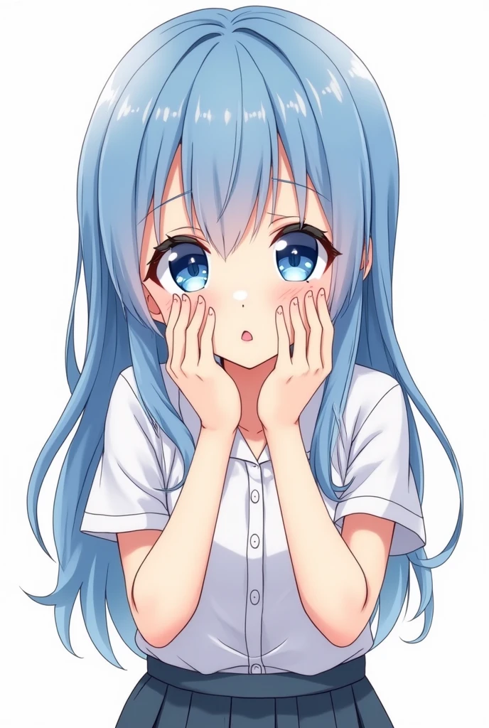 Anime girl with long hair and blue eyes in shirt and skirt, Cute anime girl, Cute anime face, extremely cute anime girl face, Anime visuals of cute girls, portrait of cute anime girl, portrait of cute anime girl, cute kawaii girl, portrait of cute anime girl, kawaii anime manga style, cute anime style, cute anime girl, splash art anime , anime, anime style, Sticker, surrounded by white outline, on transparent background, covered face with hands, embarrassed