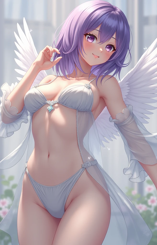 cute、Sexy see-through white clothes、Embarrassing、anime、Purple Hair