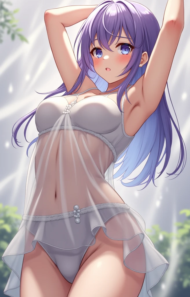 cute、Sexy see-through white clothes、Embarrassing、anime、Purple Hair