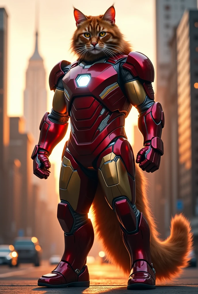 A heroic pose: Marvel, an enormous Maine Coon cat, stands proudly on hind legs, sporting Iron Man's armored suit from shoulder to paw. The metallic armor glistens under soft, warm lighting, accentuating the cat's whiskers and gleaming eyes. A cityscape backdrop, reminiscent of New York City, adds a sense of urban adventure. Marvel's ears are perked, as if listening for distant battles, while its tail thrums with excitement.
