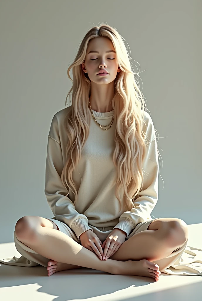 create girl with long blonde hair, She is sitting and meditating with gray-blue eyes .HP (Best quality,4K,8 K,a high resolution,masterpiece:1.2),ultra detailed,(realistic,photorealistic,photo-realistic:1.37),HDR,studio lighting,very detailed face body clothing