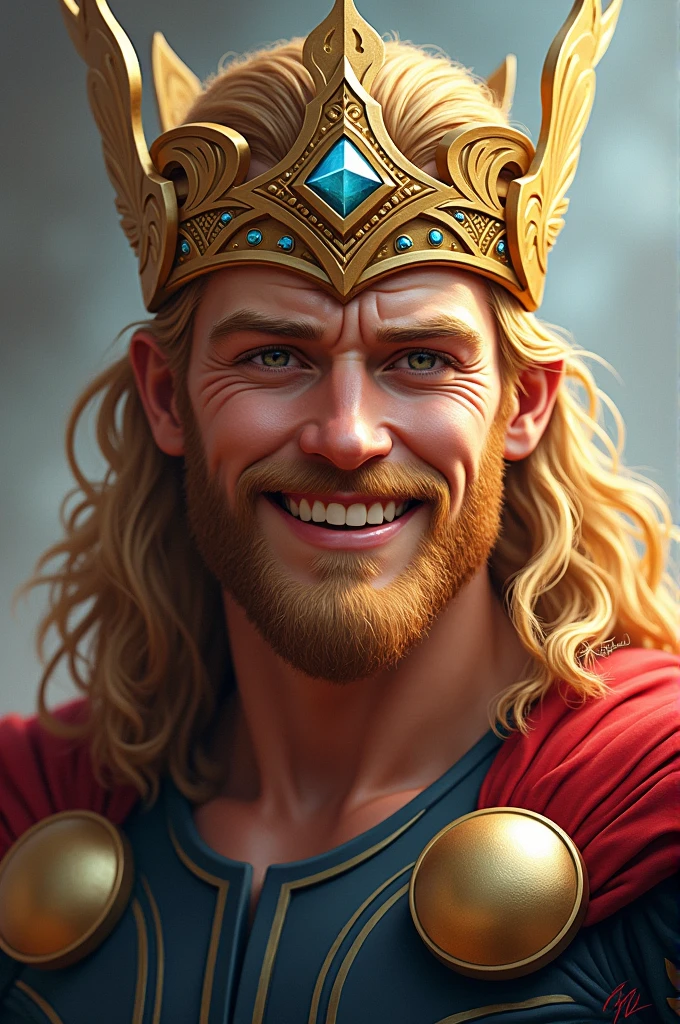 Thor crown of gold and gems. And a focus of his smiling face. a white shirt