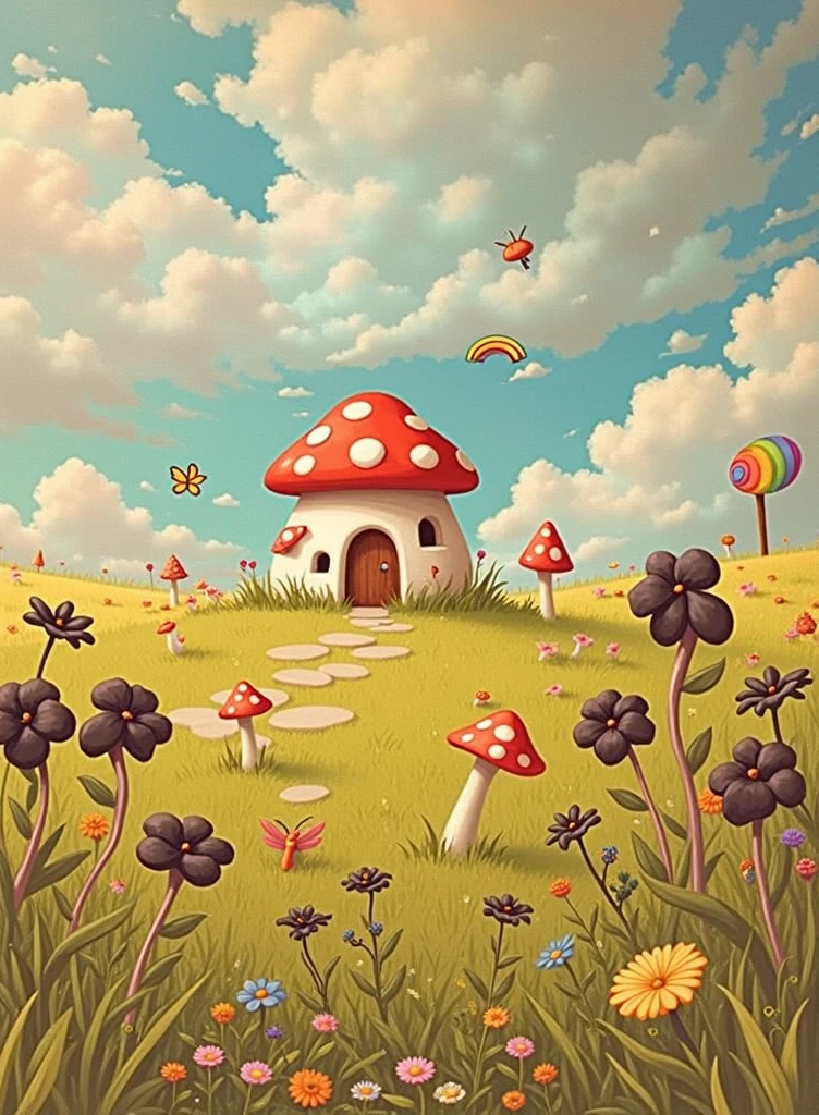 high resolution，Cute mushroom shaped house，There are all kinds of black flowers around，A candy-colored sky with a big rainbow-colored anti-war sign，Vintage painting style