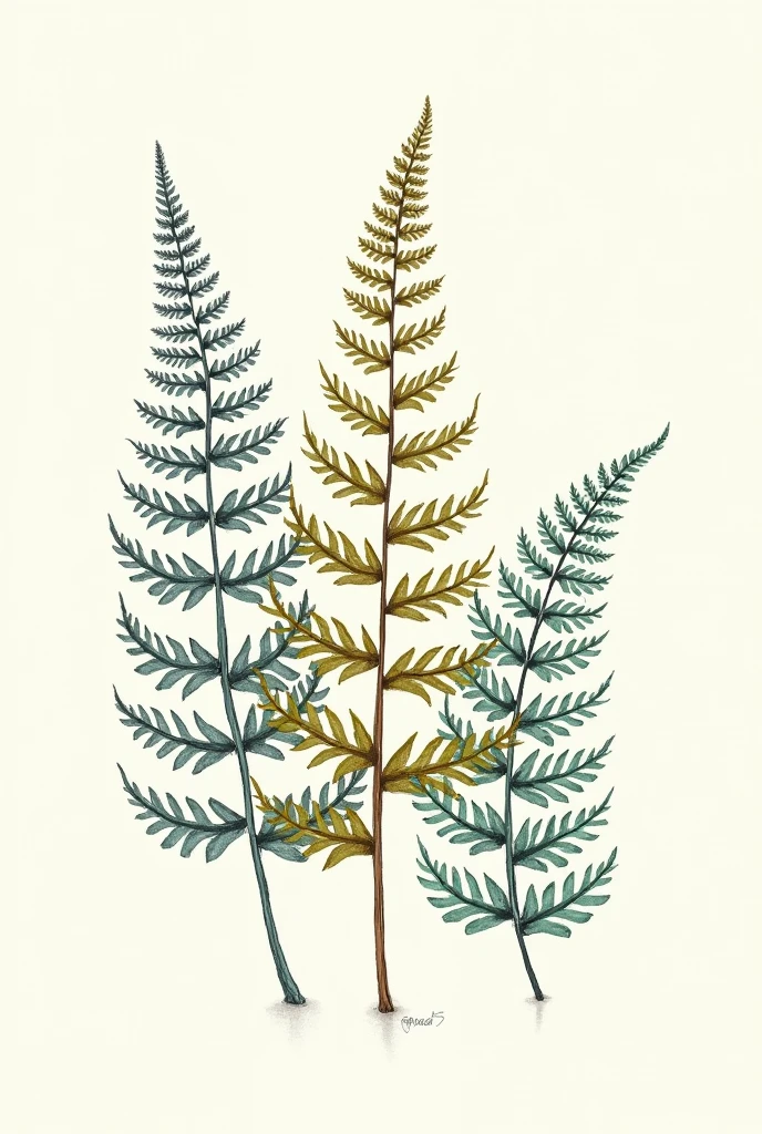 Draw me like  a man made  drawing of a 5 set of  fern leaf  with different patterns 