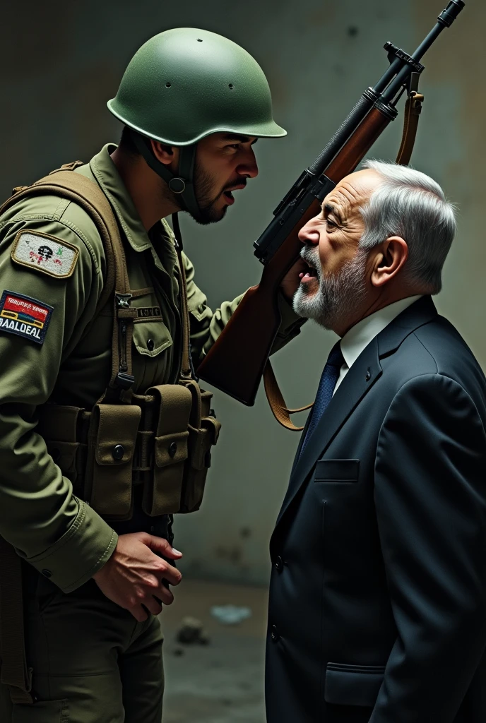 A Palestinian soldier puts his gun to Netanyahu's head and the latter cries in fear