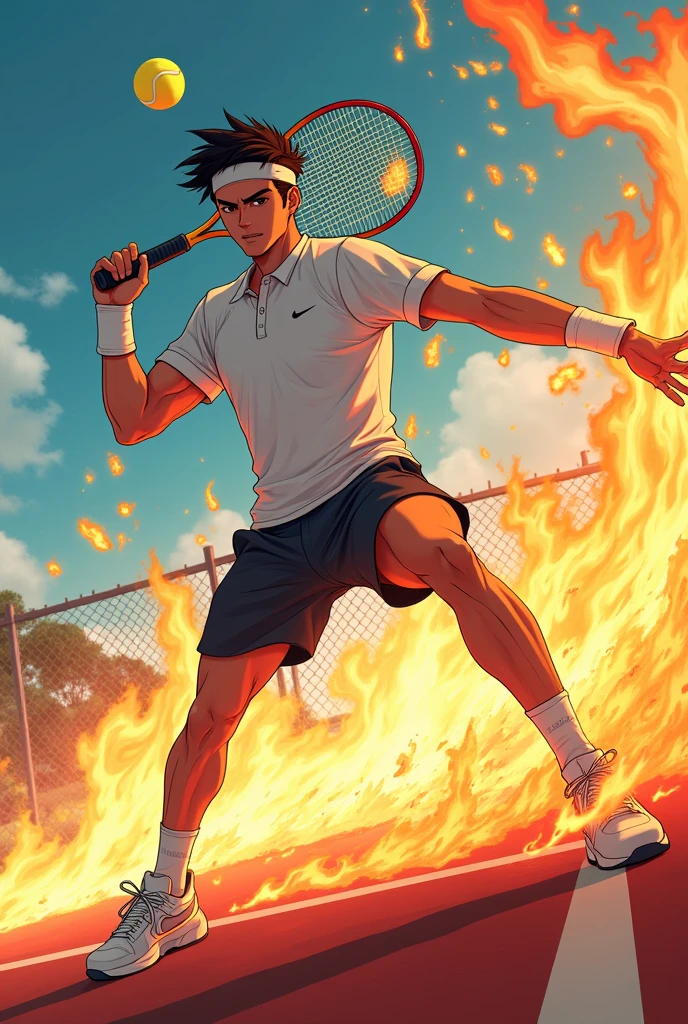 Tennis player with a racket, anime-like, he hits a tennis ball with a racket, the tennis ball is made of fire, there is nothing in the background