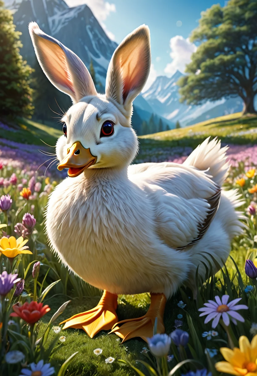 Wolpertinger made of duck + Hase, In bright colors + Anime-Series, realistic representation, on a flower meadow, (best quality,4K,8k,highres,masterpiece:1.2),Ultra-detail,(Realists,photoRealists,photo-Realists:1.37),elaborate details,cinematic lighting,The Fantasy,Digital Drawing,surreal,Very detailed,Film composition,keen focus,photoRealists,hyperRealists,mystical,Ethereal,fantastic,exhilarated,noticeable,dream-like,conceptual,imaginative