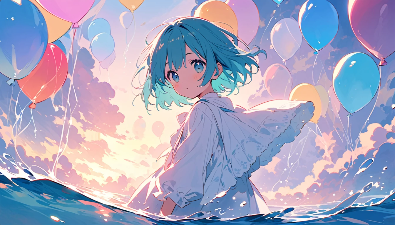 「Please draw a fantastical Ghibli-style landscape that matches Lofi music.。In the water that spreads inside the cave、All the balloons are the same color。The colors are soft pastels、Gentle waves swaying on the water&#39;s surface。On the cave walls、The faint light reflects、It creates a tranquil atmosphere。This whole scene is、It gives the viewer a comfortable, relaxing feeling that makes them feel sleepy.、It has a calm and magical atmosphere.。」