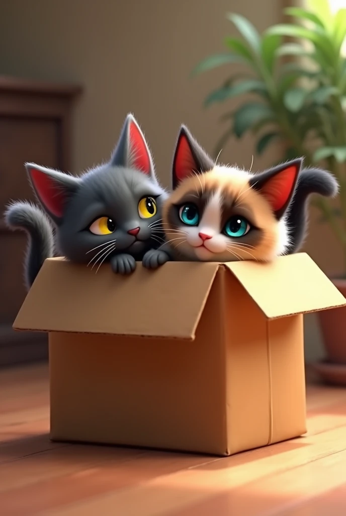 two cats inside a brown box with their tails up, a dark gray with yellow eyes and a Siamese with blue eyes brown face and black tail pixar style