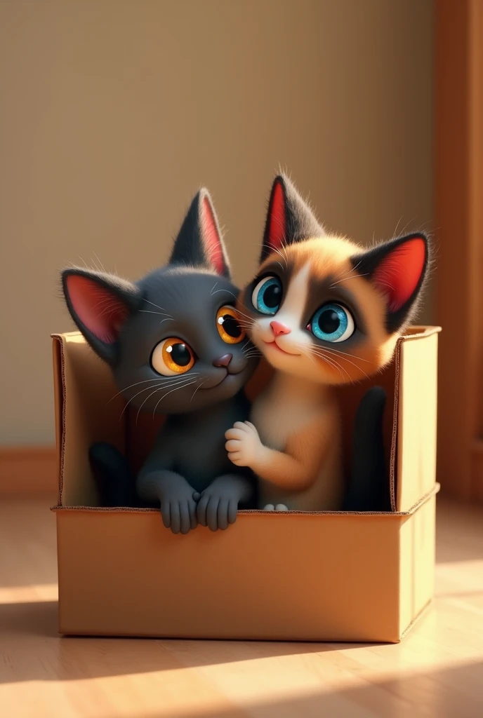 two cats inside a brown box with their tails up, a dark gray with yellow eyes and a Siamese with blue eyes brown face and black tail pixar style