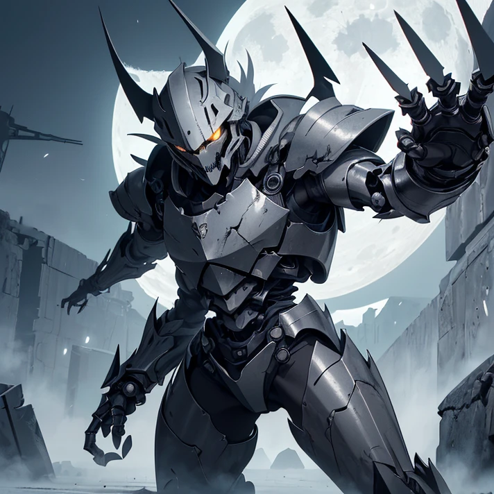 (masterpiece), (best high quality), (High resolution), (masterpiece), (anime style), (grimdark), (HD), (chaos), (simple background), (very detailed character,) ("Silent Hill aesthetic")
{{Male adult grey demonic-knight:(simple grey helmet with no visor),(biomechanic grey armor, grey biomechanic skeleton-like cuirass, biomechanic grey bone shoulder plates, bone arms armor, four knife wrist claws, grey hands, biomechanic grey hips and legs),(passive menacing pose, scary violent demeanor),(sinple marble moon landscape, blue void sky)}}