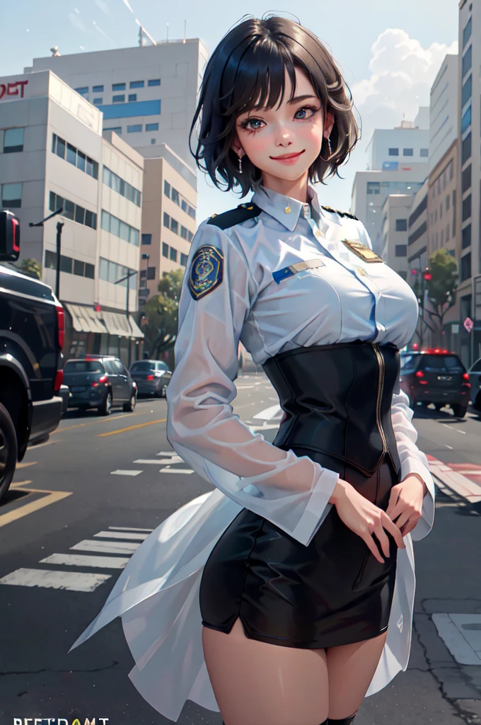 1lady standing, police officer girl, стесняешься, /(police uniform/), /(short hair/), blush kind smile, (masterpiece best quality:1.3) delicate illustration ultra-detailed , large breasts BREAK /(streets of Los Angeles/) outdoors, глубокое декольте, обтягивает грудь, микро мини юбка