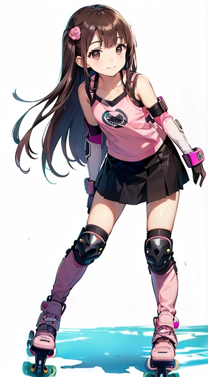 Highest quality、Smiling junior high school girl、((Dark brown long hair、Two Side Up))、((((High resolution、High quality pink inline skates 、Knee and elbow protectors))))、Cheerful pose、Round droopy eyes