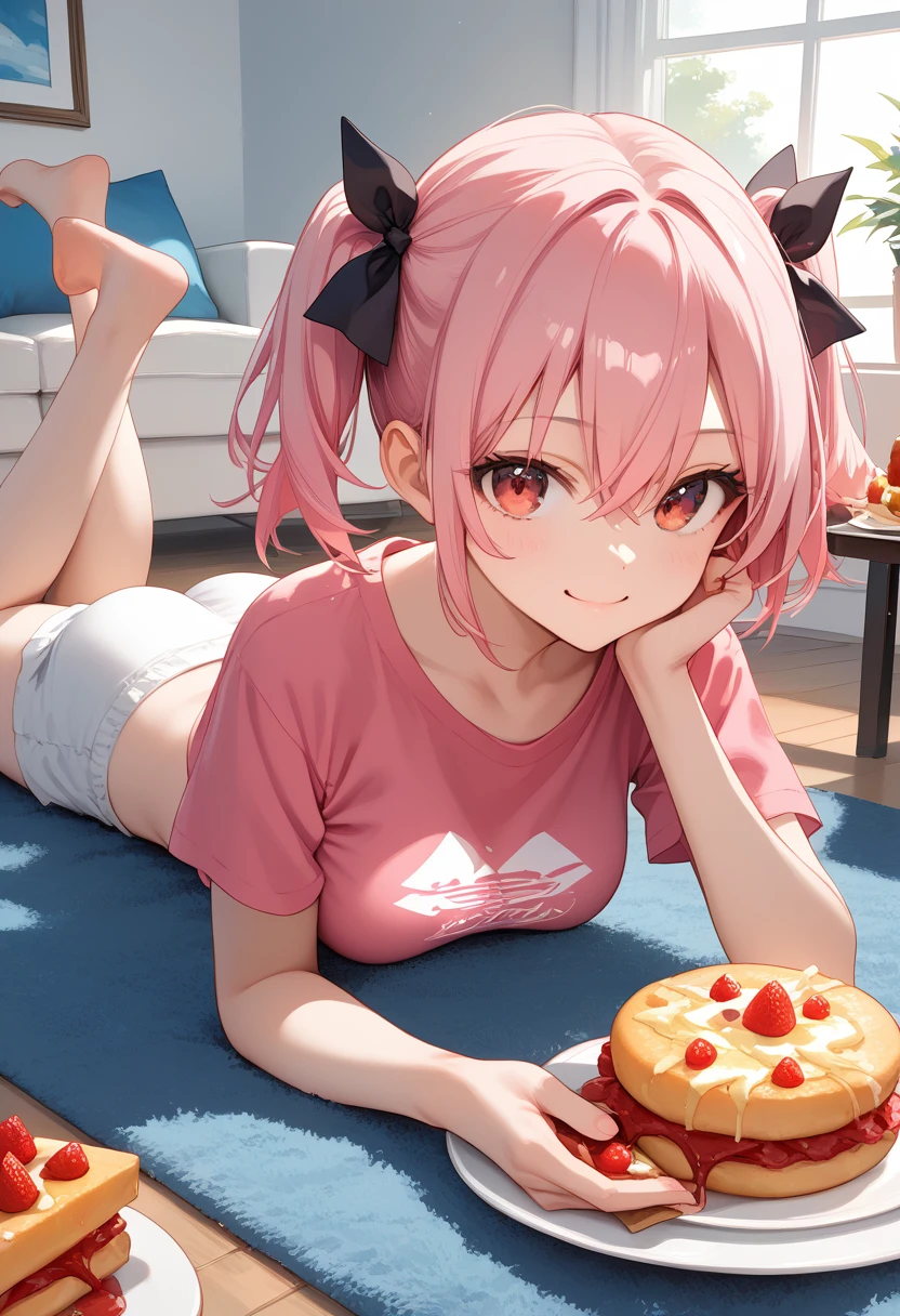 Masterpiece, best quality, score_9, score_8_up, score_7_up, source_anime, expressive face, expressive eyes, solo, pink hair, short twintails, black ribbons, bangs, hair between eyes, red eyes, medium breasts, (pink t-shirt), short sleeve, white shorts, (prone pose), (holding foods), happy, (living room), close view