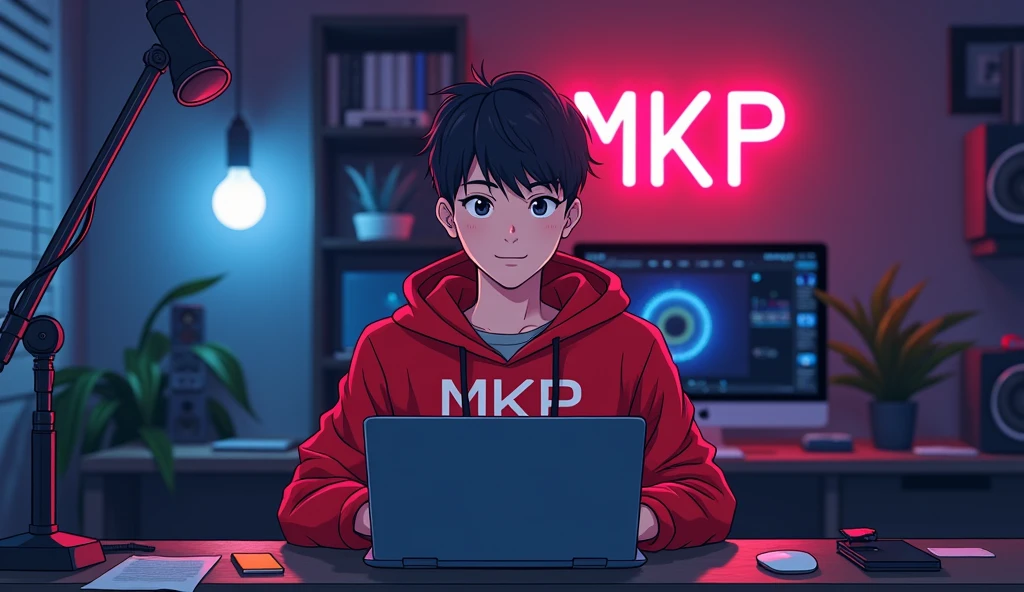 Create an anime-friendly looking
male business character who appears
handsome and smart. He has a good face
and cute face. And he is wearing a red hoodie with a channel name "MKP" on it.
hoodie. The character is sitting behind his
laptop in his office, with his arms on the desk.
It is night, and the room features volumetric
neon lighting. The character is front-facing to
the camera, looking straight and centered. This
is a central portrait with an audio microphone
on the desk near his mouth. The character's
face should occupy about 1/3 of the image size.
He is sitting straight, front view, and centered,
looking straight ahead. The overall ambiance
of the image should convey a connection to
minimalism, with flat illustration, bold lines,
simplification, and a gouache illustration style.
The image should be in 8K resolution.
The background features the wall surrounded
by various recording equipments . Ensure the studio has
a,odern youtube aesthetic with professional
lighting to make the avatar stand out. Add
a neon light design on the wall. The overall scene
should dynamics and visually appealing
perfect for ai talking