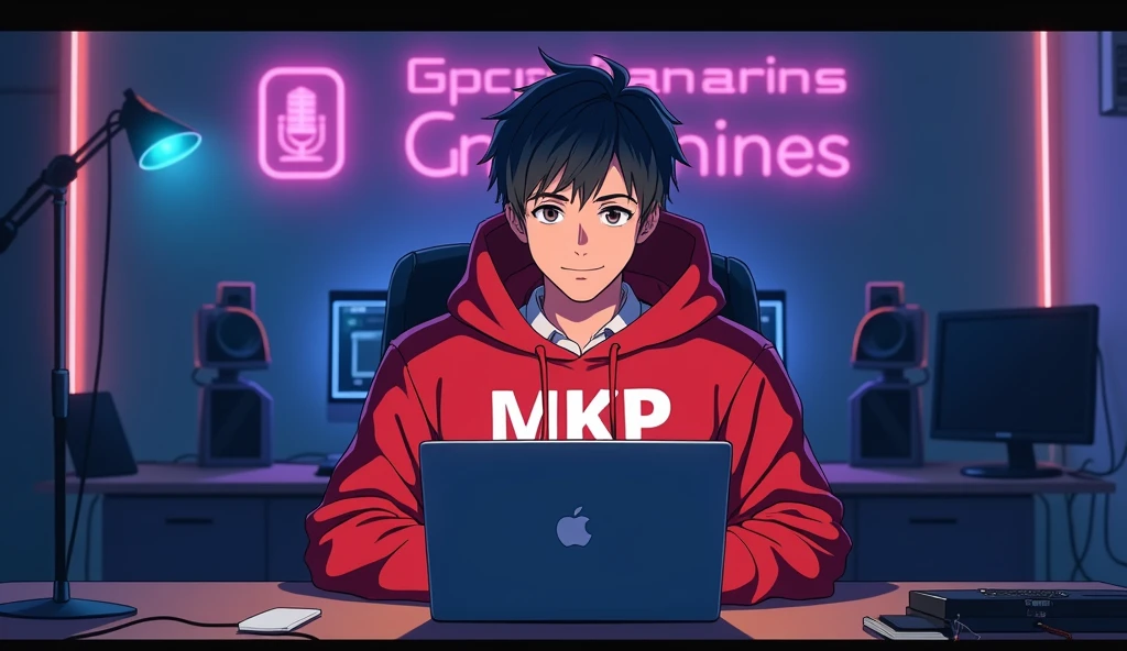 Create an anime-friendly looking
male business character who appears
handsome and smart. He has a good face
and cute face. And he is wearing a red hoodie with a channel name "MKP" on it.
hoodie. The character is sitting behind his
laptop in his office, with his arms on the desk.
It is night, and the room features volumetric
neon lighting. The character is front-facing to
the camera, looking straight and centered. This
is a central portrait with an audio microphone
on the desk near his mouth. The character's
face should occupy about 1/3 of the image size.
He is sitting straight, front view, and centered,
looking straight ahead. The overall ambiance
of the image should convey a connection to
minimalism, with flat illustration, bold lines,
simplification, and a gouache illustration style.
The image should be in 8K resolution.
The background features the wall surrounded
by various recording equipments . Ensure the studio has
a,odern youtube aesthetic with professional
lighting to make the avatar stand out. Add
a neon light design on the wall. The overall scene
should dynamics and visually appealing
perfect for ai talking