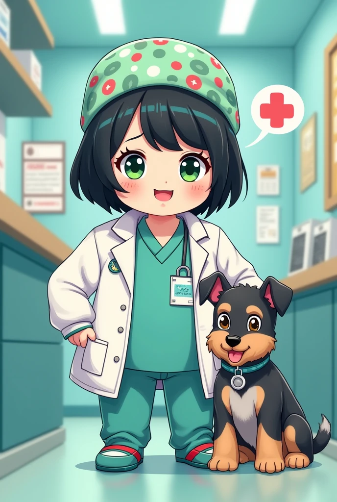 Surgical cap company " element that should go in the image" which is called titta store"WORDS THAT HAVE TO GO IN THE IMAGE "which has as avatar a chubby girl with green eyes , doctor and black hair and as a pet a schnauzer dog named nala with a brown-eyed trigreño and black hair
