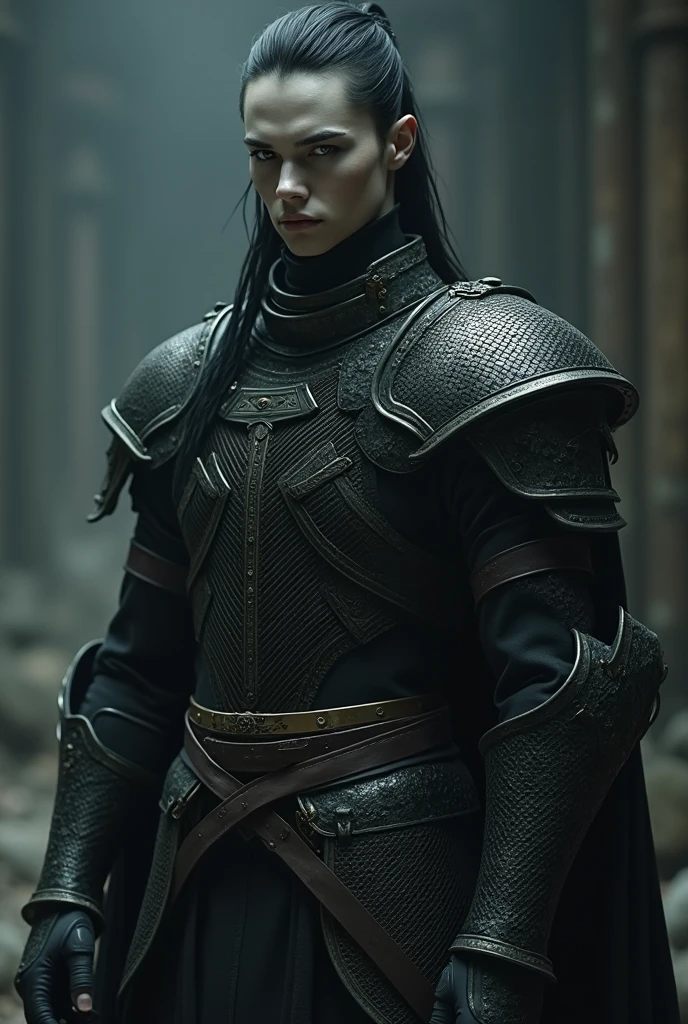 An androgynous male warrior, long dark hair tied with pale skin, expressionless face, and clear eyes, wearing chainmail armor