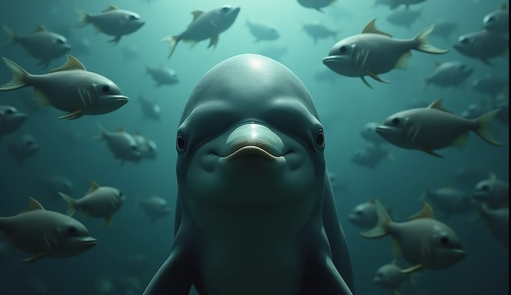 The dolphins don't want to eat the fish、The dolphin has a troubled look on its face、high resolution、Horror