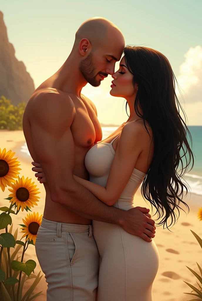 Create a couple in which the bald man has a hairy, thin body and the woman is lush and white with long, straight black hair. They are hugging each other, the woman in front of the man on a beach with several sunflowers around them.