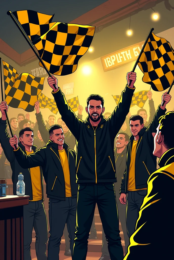 Image illustrations cartoons de supporters homme de style Ultras hooligans habiller avec une veste noir et jaune. Les supporters sont dans un bar avec des drapeaux jaune et noir à damiers dans la mains.le nom du bar est «TRIBUNE G ROUEN ».