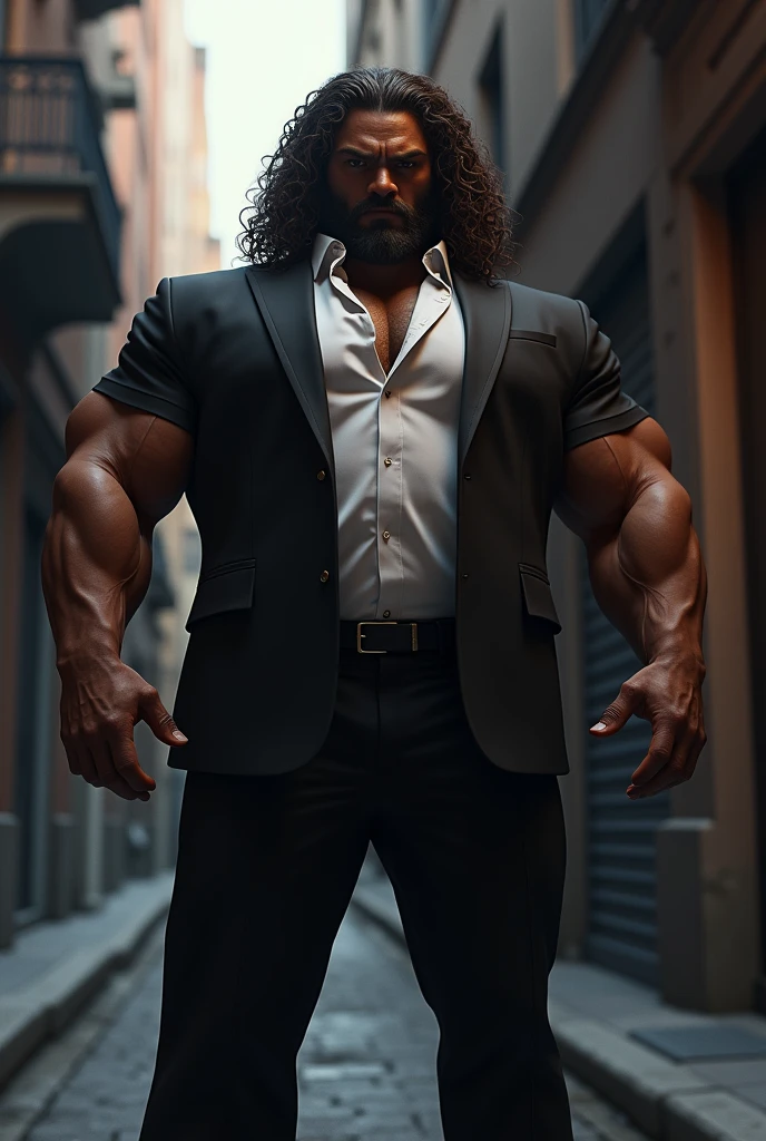 mascle, muscular, brown skin, long and curly brown hair, dark suit pants, black blazer with white shirt inside, city background, natta, on a dark alley, realisitic, 8k, engine unreal, highy detailed, octane rendering,