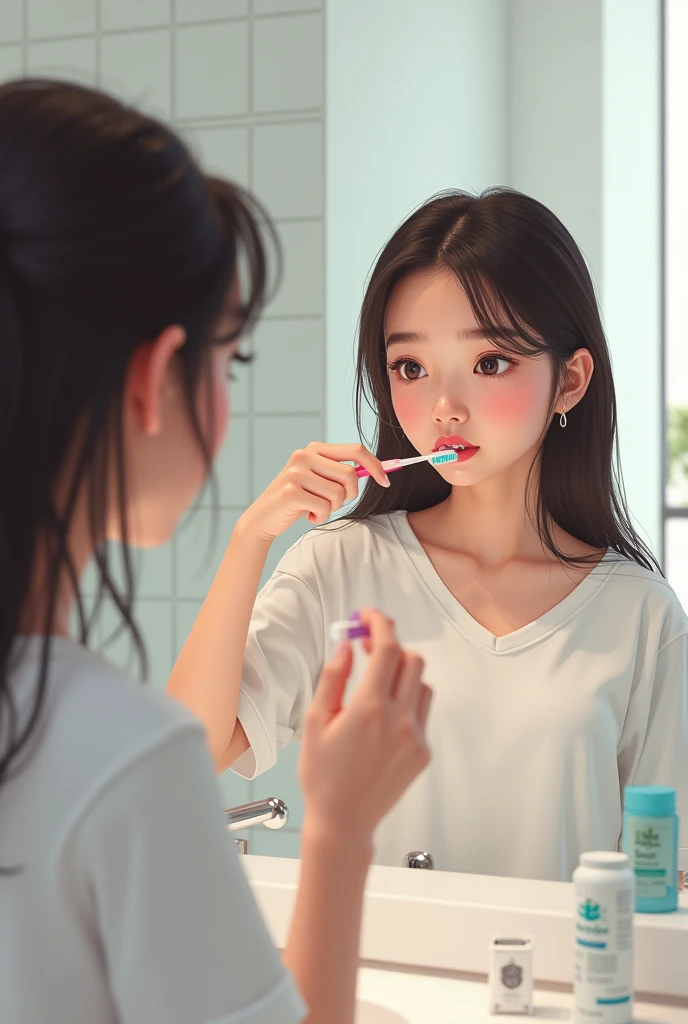 Brushing Teeth**: Emma stands in front of a bathroom mirror, brushing her teeth. The bathroom is bright, with clean, white tiles. She looks focused, with a toothbrush in hand and toothpaste on her lips.