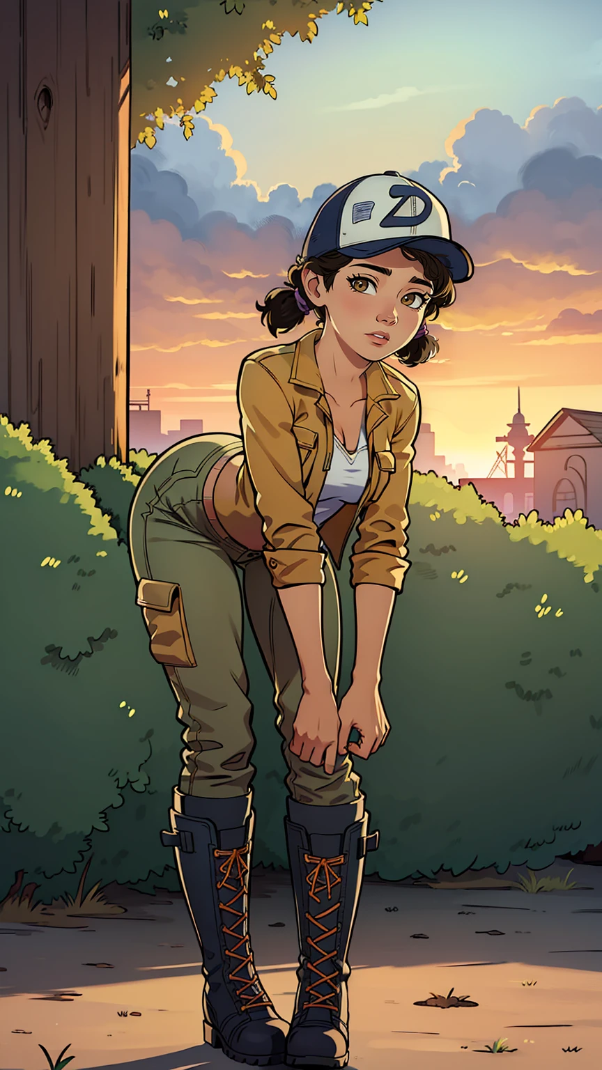 ((masterpiece, best quality)),(complex lighting) ,solo,(((1girl))) ,clementine, light skin,light-skinned female, baseball cap, green cargo pants, brown eyes, tight pants, combat boots, shirt, short hair, one short ponytail, open denim jacket, huge butt, thicc butt , (((8k))), (((full body))), (((bent over))), (((looking at the viewer))), cameltoe