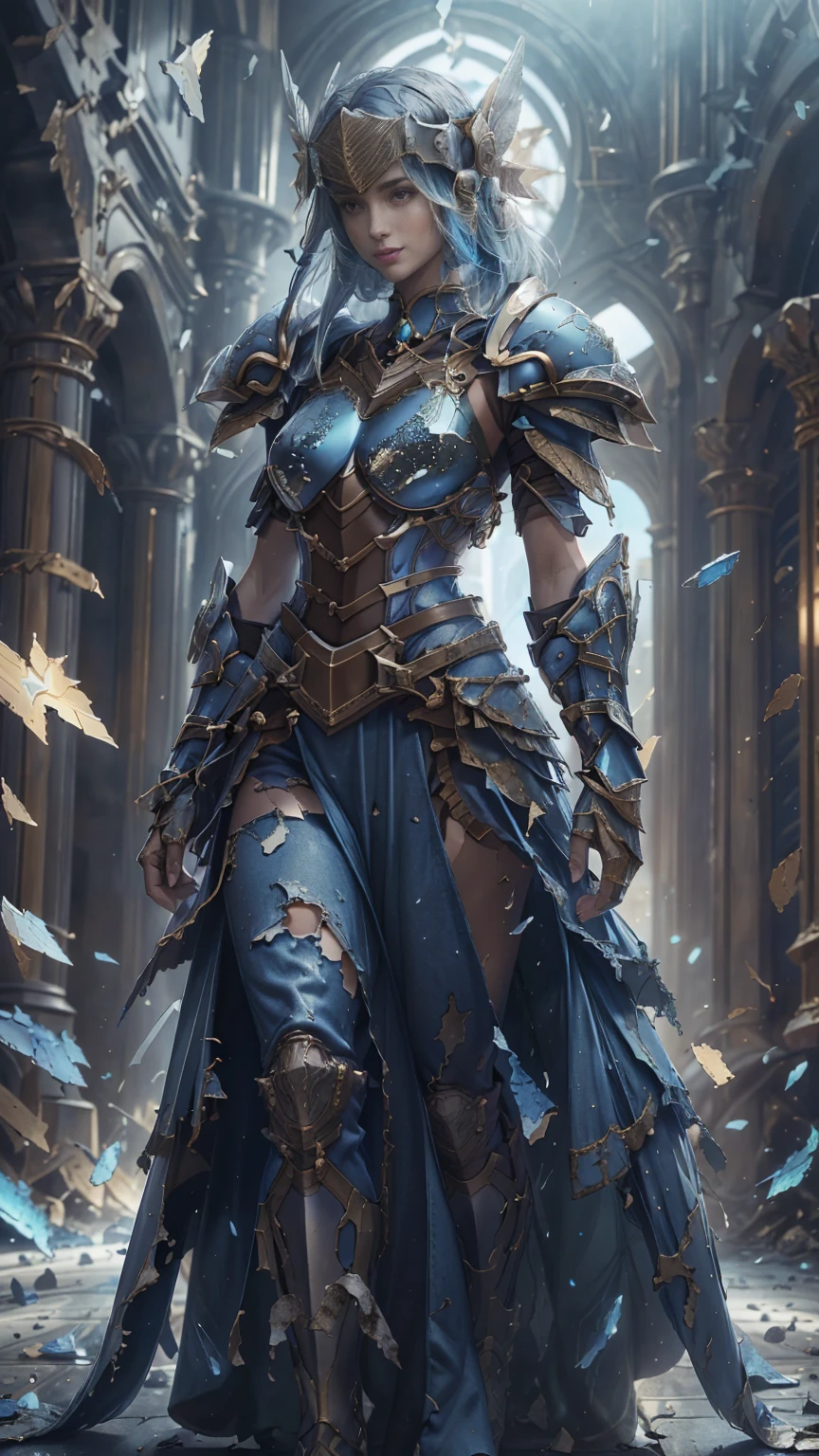 Lenneth from 'Valkyrie profile', blue plate mech4rmor, blue breastplate armor (broken/damaged), (damaged armor exposing random skin:1.37), long skirt,belt,white head ornament,
standing,upper body,arms behind back,
light smile,
plains,castle,
(insanely detailed, masterpiece, best quality),solo,