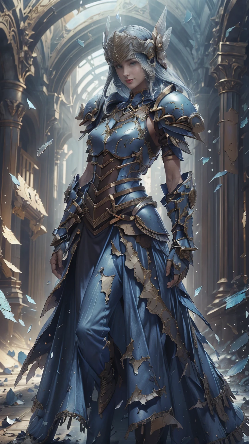 Lenneth from 'Valkyrie profile', blue plate mech4rmor, blue breastplate armor (broken/damaged), (damaged armor exposing random skin:1.37), long skirt,belt,white head ornament,
standing,upper body,arms behind back,
light smile,
plains,castle,
(insanely detailed,  masterpiece, best quality),solo, 
