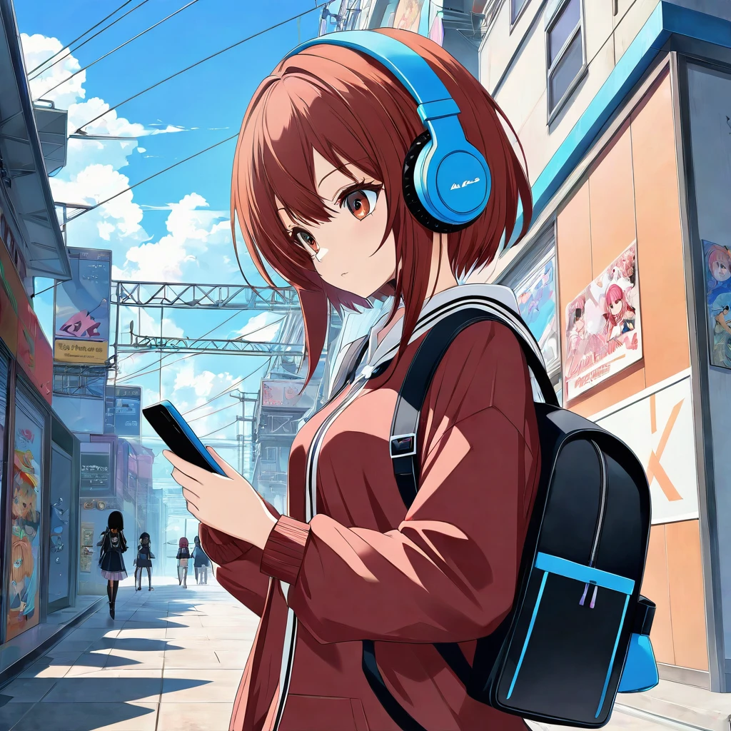 Anime character with headphones and backpack looking at cell phone, Anime Style 4 k, Alice x. open, Digital anime art, Nightcore, Digital anime illustration, Anime Styled digital art, anime art wallpaper 4k, anime art wallpaper 4k, Anime art style, Anime digital art, Anime Style artwork, Anime Style. 8k, detailed Digital anime art
