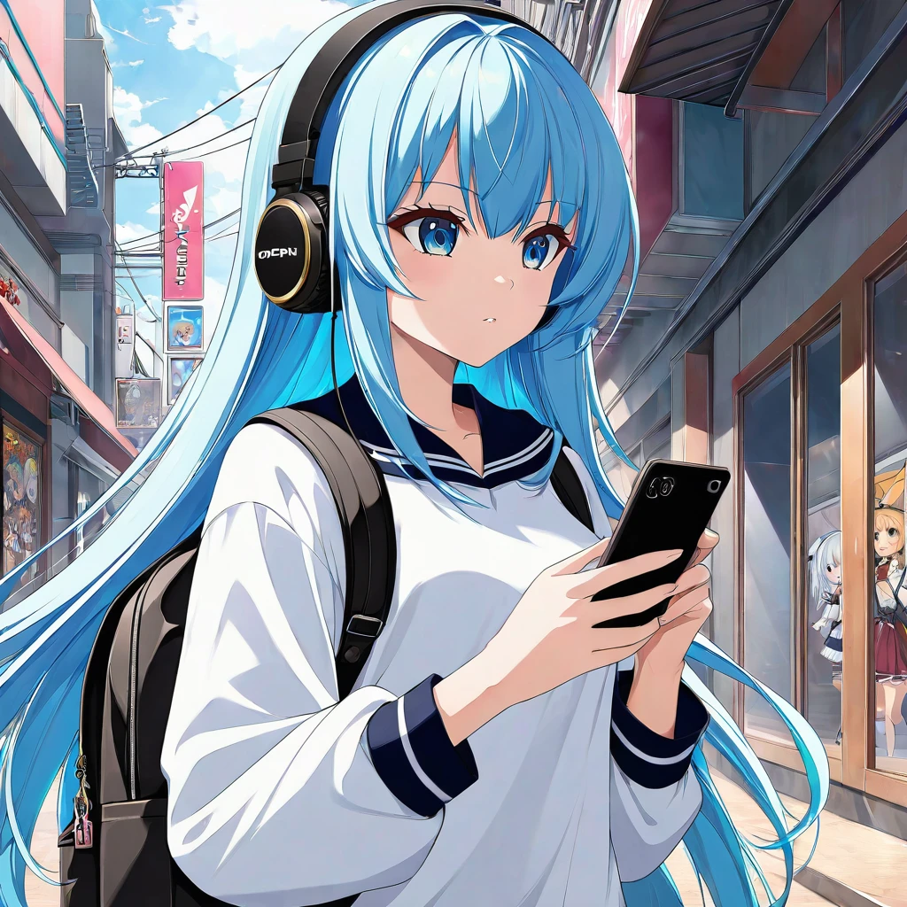 Anime character with headphones and backpack looking at cell phone, Anime Style 4 k, Alice x. open, Digital anime art, Nightcore, Digital anime illustration, Anime Styled digital art, anime art wallpaper 4k, anime art wallpaper 4k, Anime art style, Anime digital art, Anime Style artwork, Anime Style. 8k, detailed Digital anime art