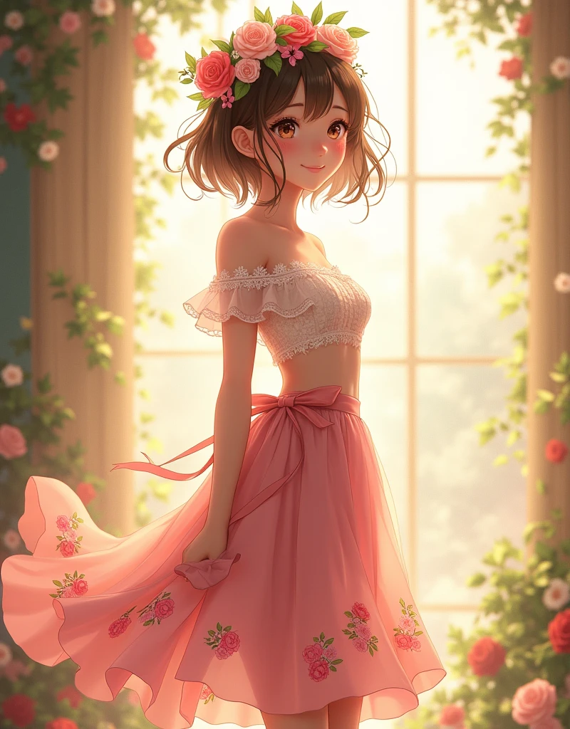 Ultra high quality,High heel,Long legs,Smile,Sunlight passing through the body,Lace off-the-shoulder,Wear flowers on your head,student,charming,Ribbon,There are several flowers embroidered on the skirt,Pink skirt