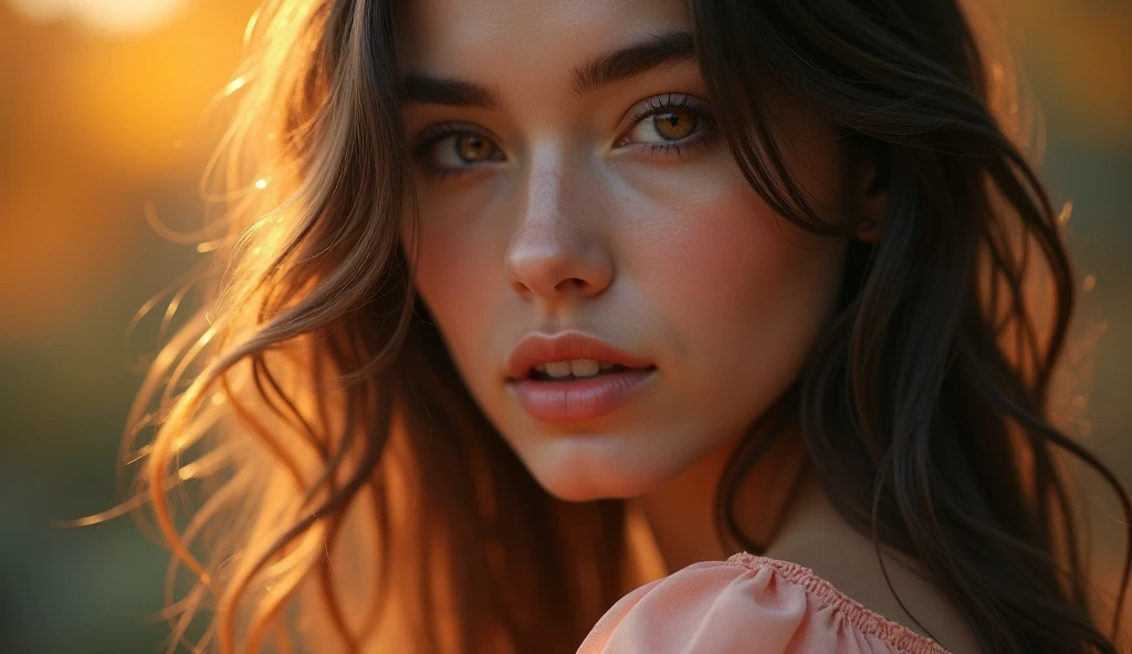 a realistic and emotive portrait of a young woman with soft, wavy brown hair that frames her face delicately. The lighting is warm and golden, casting a gentle glow on her skin and highlighting her striking amber eyes. Her expression is tender and introspective, with slightly parted lips and a subtle, almost melancholic gaze that draws the viewer in. The composition focuses on her upper body, where she is dressed in a soft, peach-colored blouse, adding to the warm, autumnal atmosphere. The background is blurred, with bokeh effects enhancing the intimate and serene mood of the portrait. The overall style is highly detailed, capturing the fine textures of her skin, the softness of her hair, and the depth in her eyes, creating a sense of connection and emotional depth.