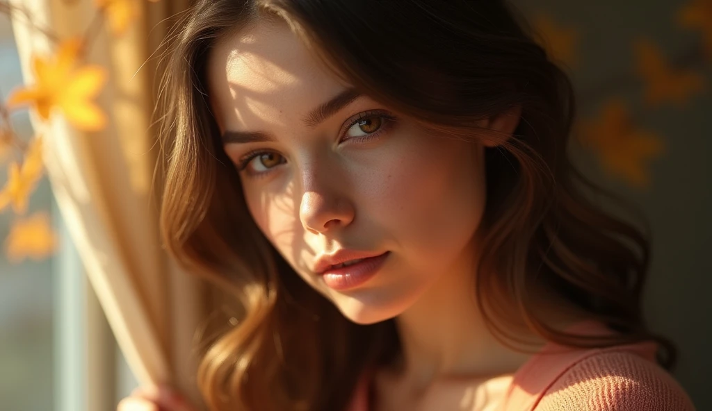 a realistic and emotive portrait of a young woman with soft, wavy brown hair that frames her face delicately. The lighting is warm and golden, casting a gentle glow on her skin and highlighting her striking amber eyes. Her expression is tender and introspective, with slightly parted lips and a subtle, almost melancholic gaze that draws the viewer in. The composition focuses on her upper body, where she is dressed in a soft, peach-colored blouse, adding to the warm, autumnal atmosphere. The background is blurred, with bokeh effects enhancing the intimate and serene mood of the portrait. The overall style is highly detailed, capturing the fine textures of her skin, the softness of her hair, and the depth in her eyes, creating a sense of connection and emotional depth.